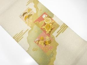 アンティーク 綴れ 道長取りに笠松・牡丹模様刺繍袋帯(材料)